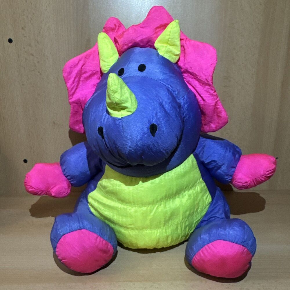Stuffins 90’s Triceratops Nylon Plush Dinosaur Pink Blue Squeaker Parachute  Vtg